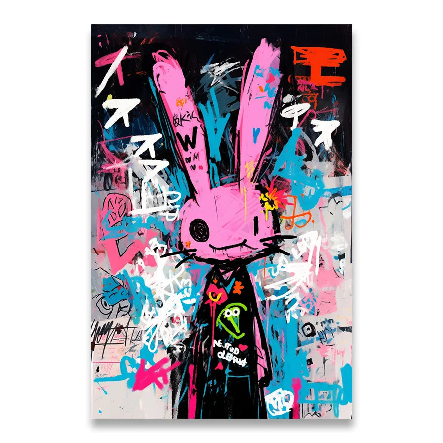 Tableau Lapin Méchant Coloré Rose