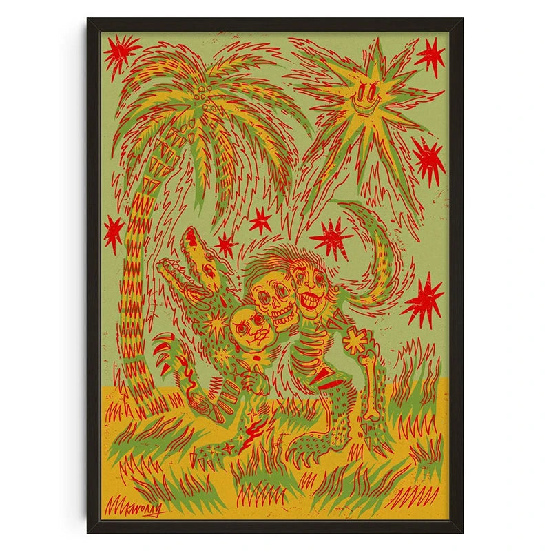 Tableau Abstrait Vert et Rouge Squelette