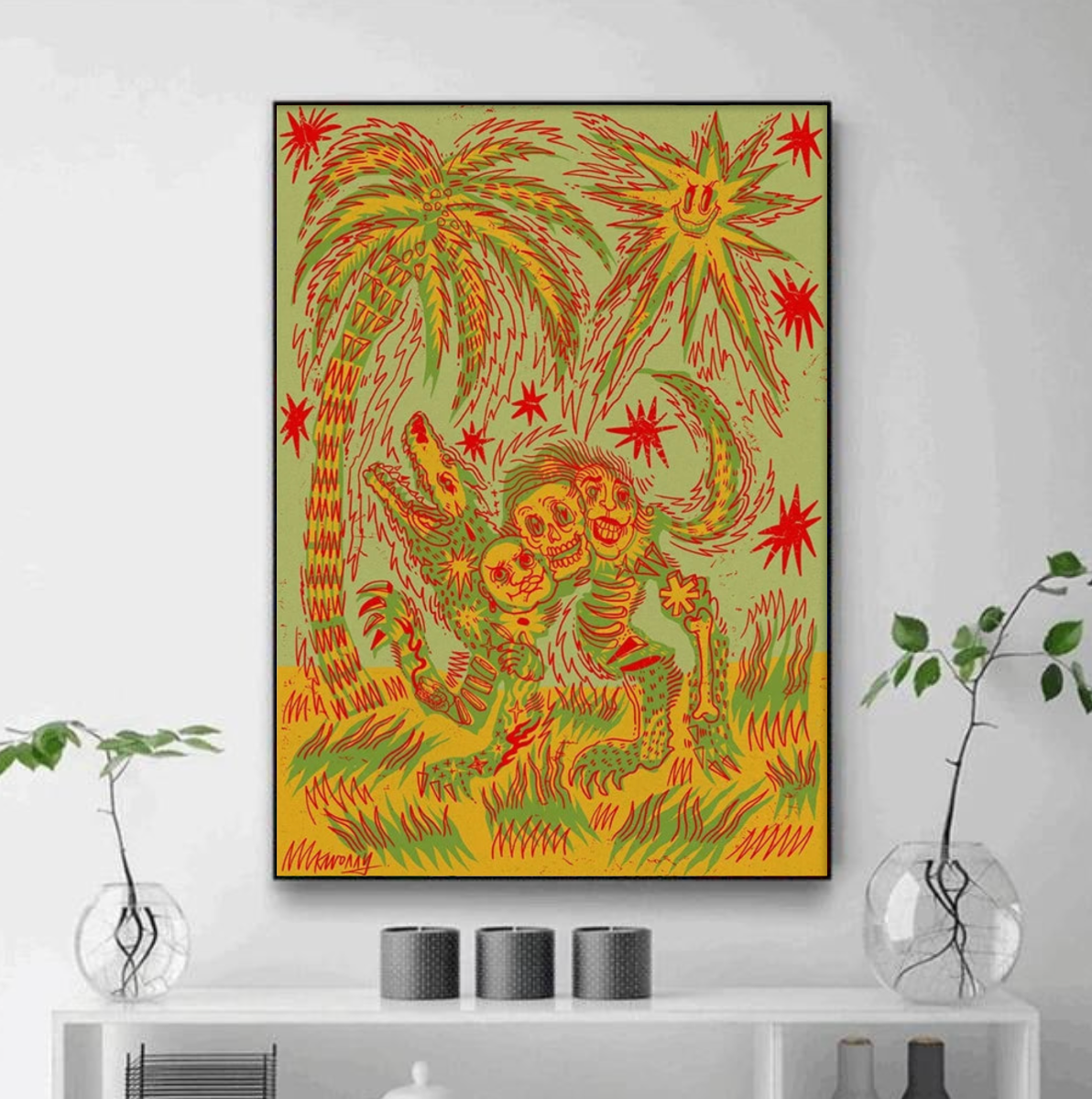 Tableau Abstrait Vert et Rouge Squelette