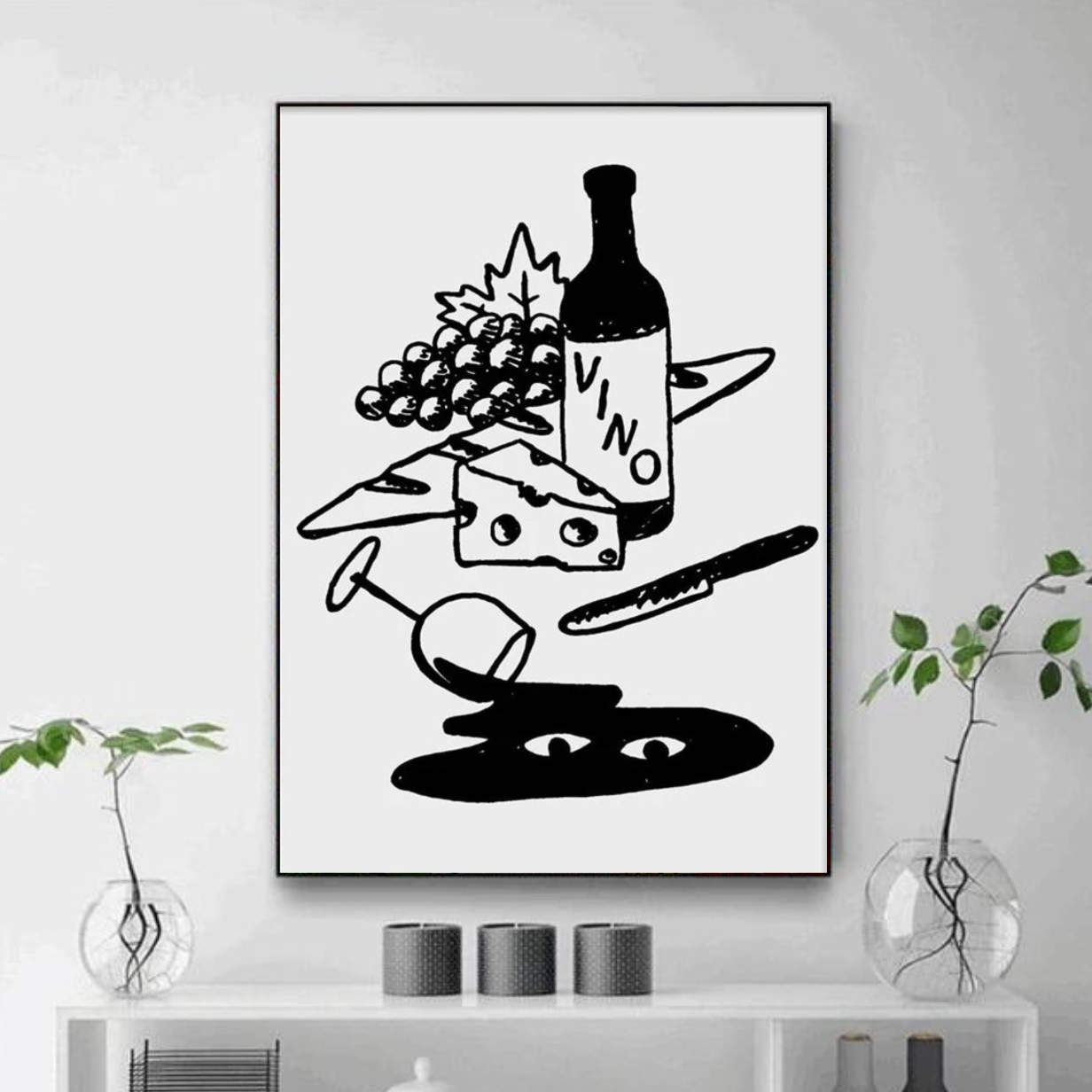 Tableau Déco Vin et Fromage Noir et Blanc
