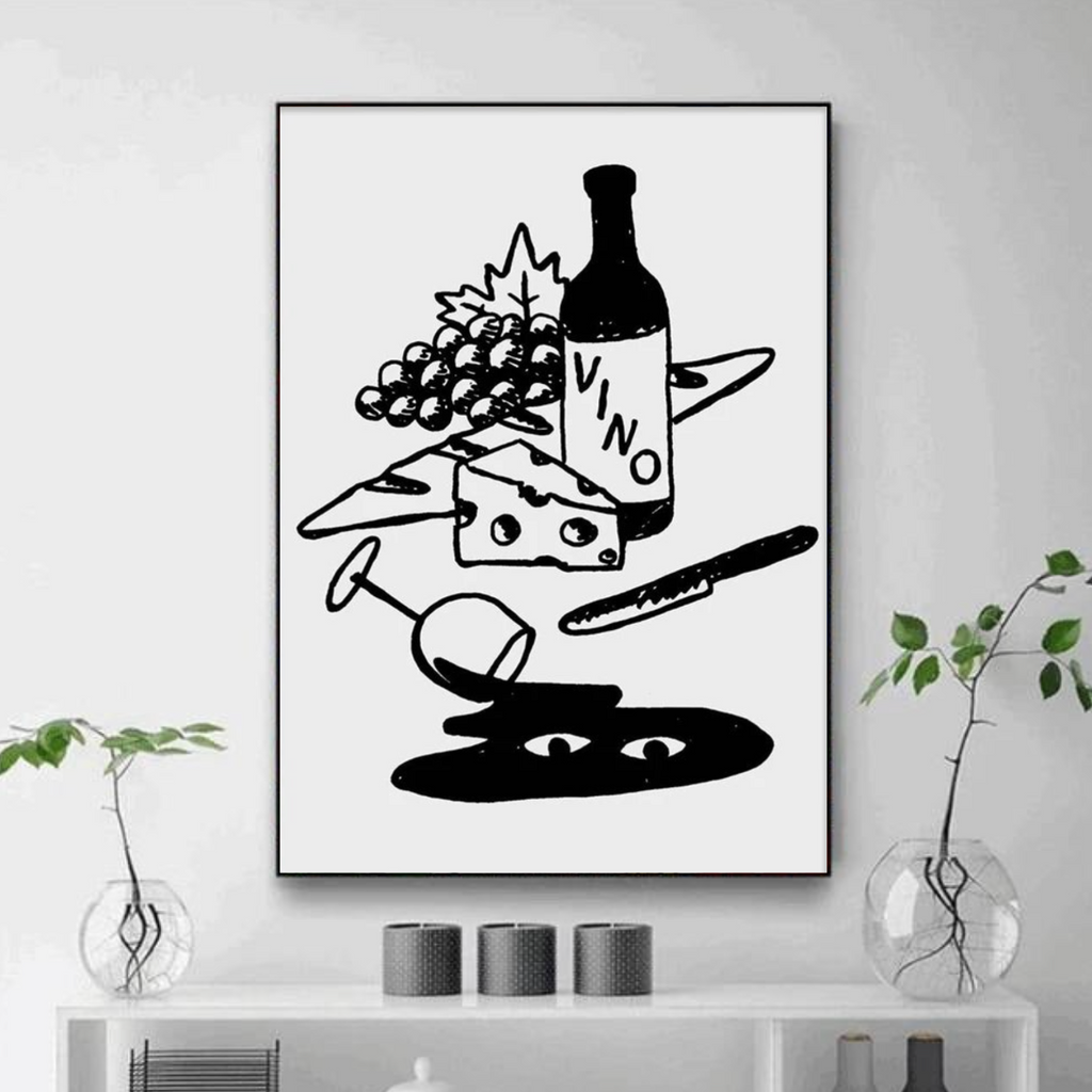 Tableau Déco Vin et Fromage Noir et Blanc