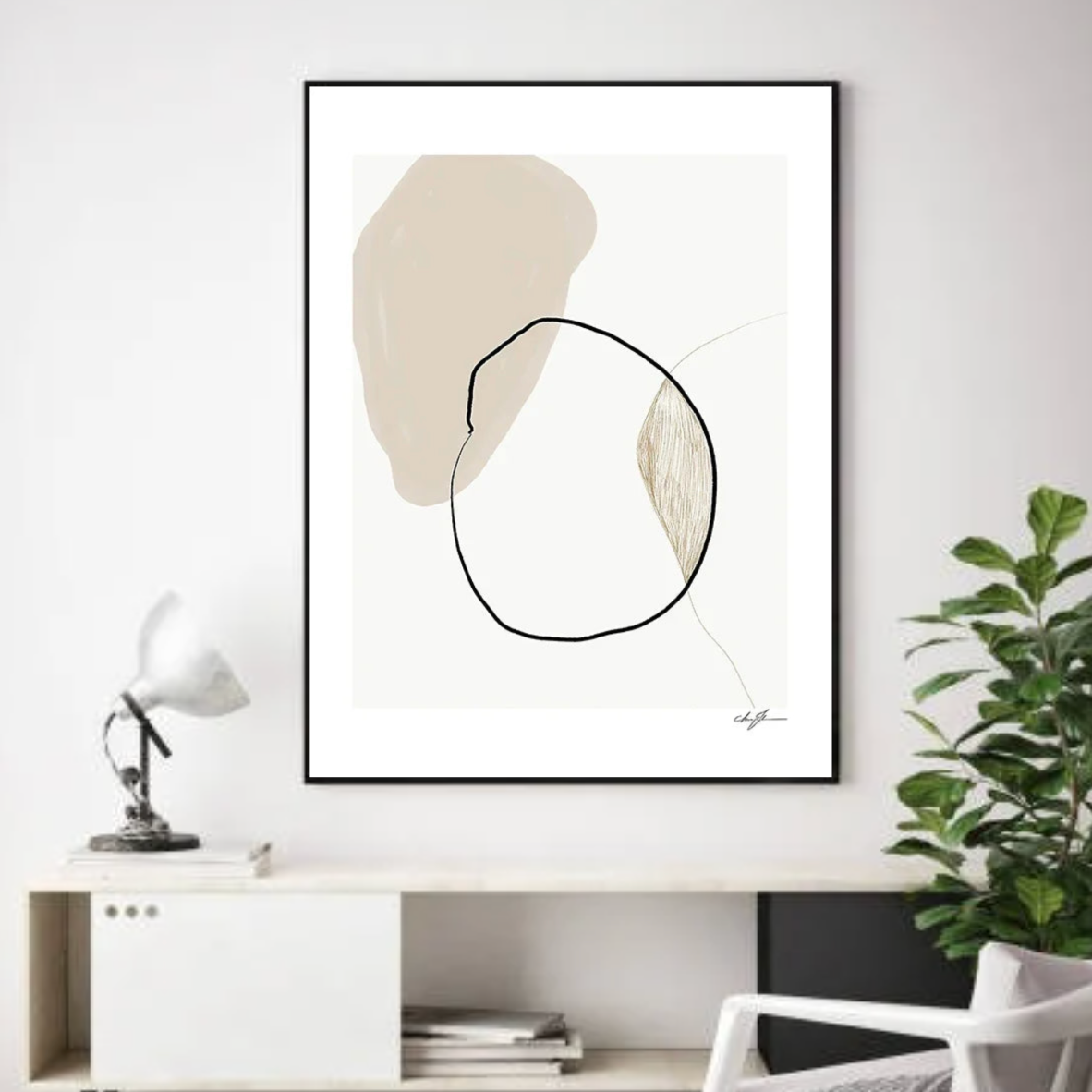 Tableau Minimaliste Blanc et Beige Rond