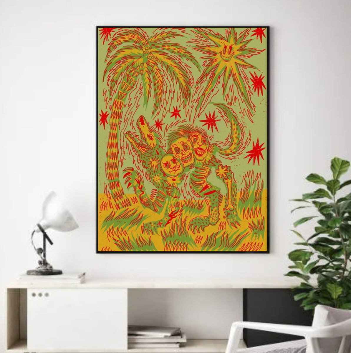 Tableau Abstrait Vert et Rouge Squelette